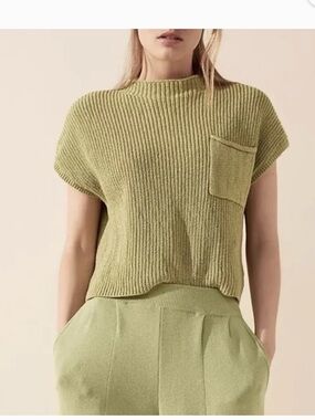 Free people beach green knit short sleeve cotton crop sweater top medium
